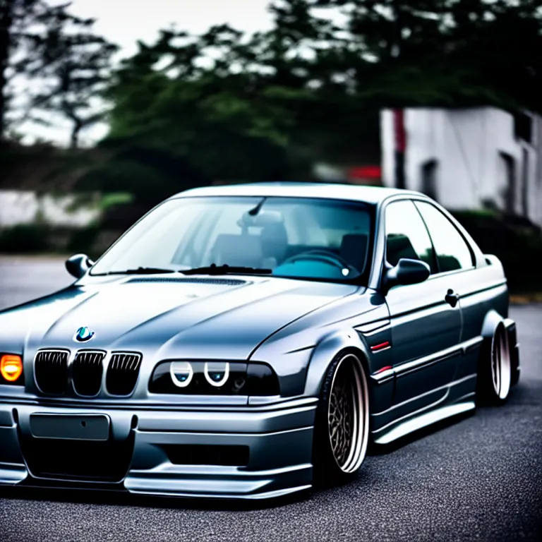 Image similar to close-up-photo BMW E36 illegal meet, cambered wheels, Saitama prefecture, misty midnight, cinematic color, photorealistic, high detailed deep dish wheels, highly detailed, custom headlights, subtle neon underlighting