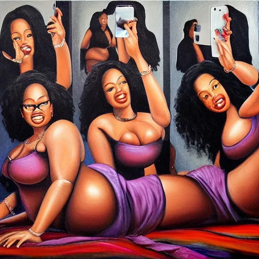 Prompt: photorealistic, stunning, coherent, beautiful painting, still of a group of black bbw models twerking and taking a pictures of each other while posing in the same bed , they are all laying down, one of them is on the phone with her boyfriend , 3d, in the style of pixar, smooth, 3d, highly detailed, highly detailed, sharp focus, bokeh, depth of field, 16k resolution, Unreal Engine 5, coherent, cinematic lighting, photorealistic