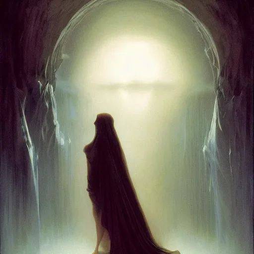 Image similar to awe-inspiring award-winning concept art painting of attractive figure in black shrouds called the ghost of the moonbow queen, rainbow, by Michael Whelan, William Adolphe Bouguereau, John Williams Waterhouse, and Donato Giancola, cyberpunk, extremely moody lighting, glowing light and shadow, atmospheric, shadowy, cinematic, 8K