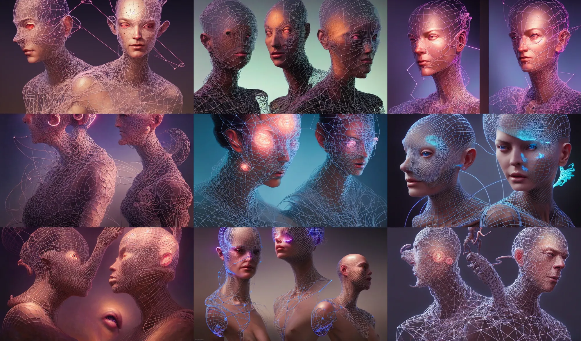 Prompt: beautiful portrait, high poly 3 d glowing wireframe models, lasers, ultra realistic, intricate details, holographic artifacts, highly detailed by peter mohrbacher, boris vallejo, hajime sorayama, wayne barlowe, paolo eleuteri serpieri