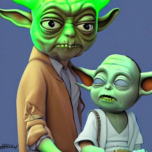 Image similar to Baby Yoda meets Rick Sanchez in Rick and morty digital art 4k detailed super realistic
