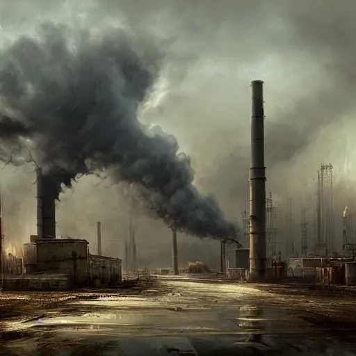 Image similar to a painting of a factory with smoke pouring out of it, a detailed matte painting by jonas de ro, cgsociety, nuclear art, dystopian art, apocalypse art, apocalypse landscape