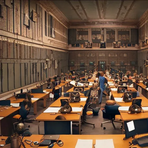 Prompt: room with a lot of people working on their computers and a cropped seat in the middle of the frame, directed by wes anderson, highly detailed, photorealistic, hd, 8k.