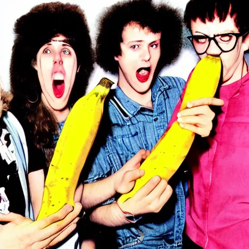 Image similar to 8 0 s punk rock band holding banana microphone, with banana costumed background singers, concert photo, getty images, pencil drawing