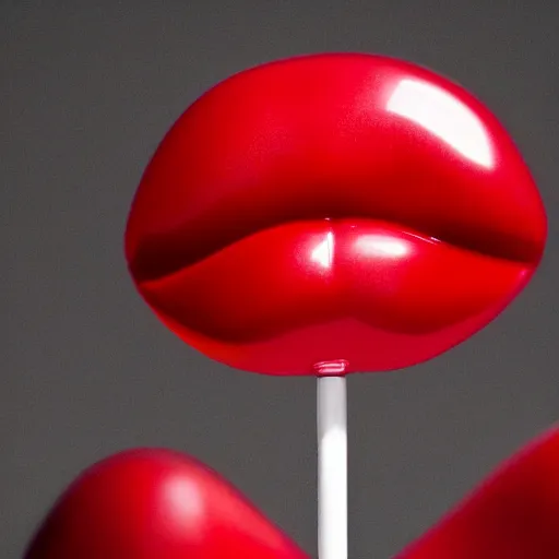 Image similar to Professional studio photo of a woman's lips on a bright red cherry lollipop, studio lighting, rule of thirds, depth of field, realistic, high resolution, 8k 64 megapixel