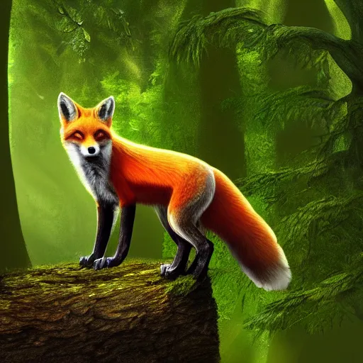 Prompt: a red fox on top of a log, in a green fantasy forest, lighting, digital art, matte painting, artstation trend, hdr