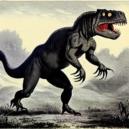 Image similar to antique lithograph from 1 9 0 0 of mr t as a tyrannosaurus rex, running in a field