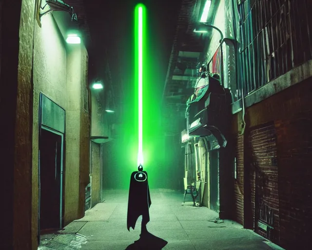 Image similar to a photograph of Batman holding a green lightsaber in a dark city alleyway at nighttime