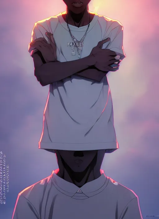 Prompt: handsome hip hop young black man, no hands, model pose, sad, anime style, scenery wallpaper aesthetic, pastel colors, symmetrical face, cinematic, dramatic, super detailed and intricate, hyper realistic, 4 k render, by artgerm, by kyoung hwan kim, by ralph mcquarrie, by yoshiyuki tomino