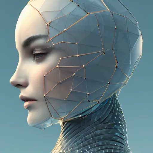 Prompt: profile portrait of an extremely beautiful, gorgeous, elegant and sophisticated glass femel mechanoid made of transparent glass, ultrafine detailed by james jean, giuseppe arcimboldo, intricate, final fantasy, unreal engine 5 highly rendered, global illumination, colored light, fine fiberglass, luminous, translucent, volumetric light, futuristic, 4 k, artstation.