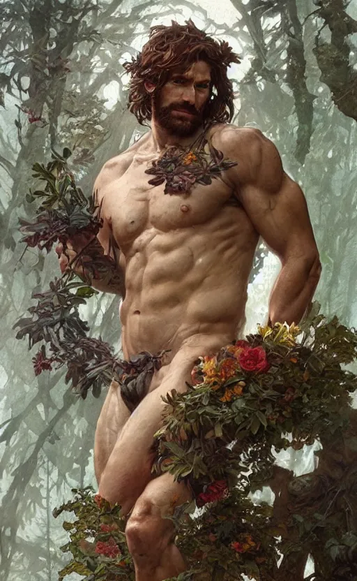 Image similar to god of the forest, 3 0 years old, rugged, male, gorgeous, detailed face, amazing, thighs!!!!!!, flowers, muscular, intricate, highly detailed, digital painting, artstation, concept art, sharp focus, illustration, art by greg rutkowski and alphonse mucha