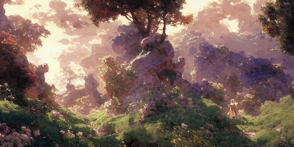 Image similar to cute anime landscape painting by gaston bussiere, craig mullins, j. c. leyendecker