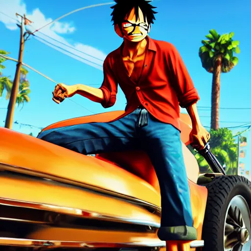 Prompt: luffy in Grand Theft Auto 5 cover art, epic, 4k resolution, extremely detailed, very sharp, artstation, digital art, vibrant,
