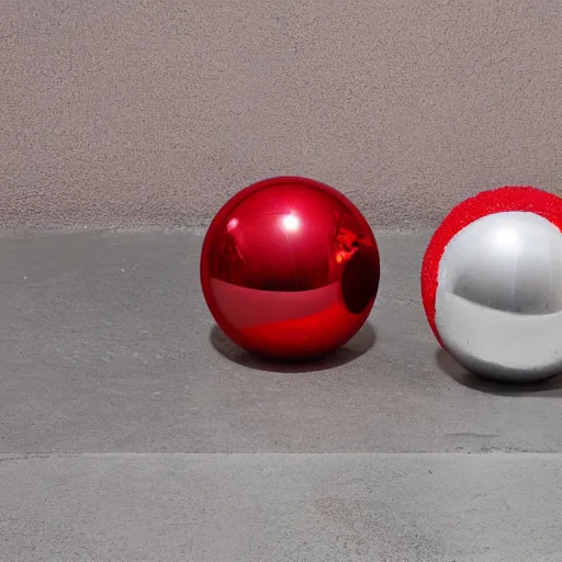 Prompt: chrome spheres on a red cube, plaster