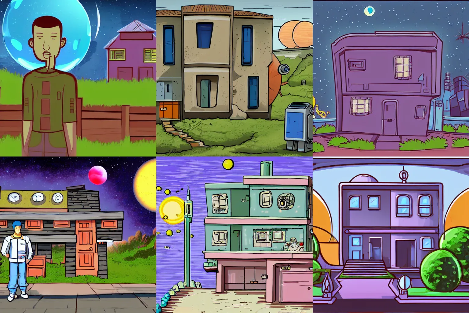 Prompt: in front of a house that is part of a small colony on a strange planet, from a space themed Serria point and click 2D graphic adventure game, high quality cartoon style graphics