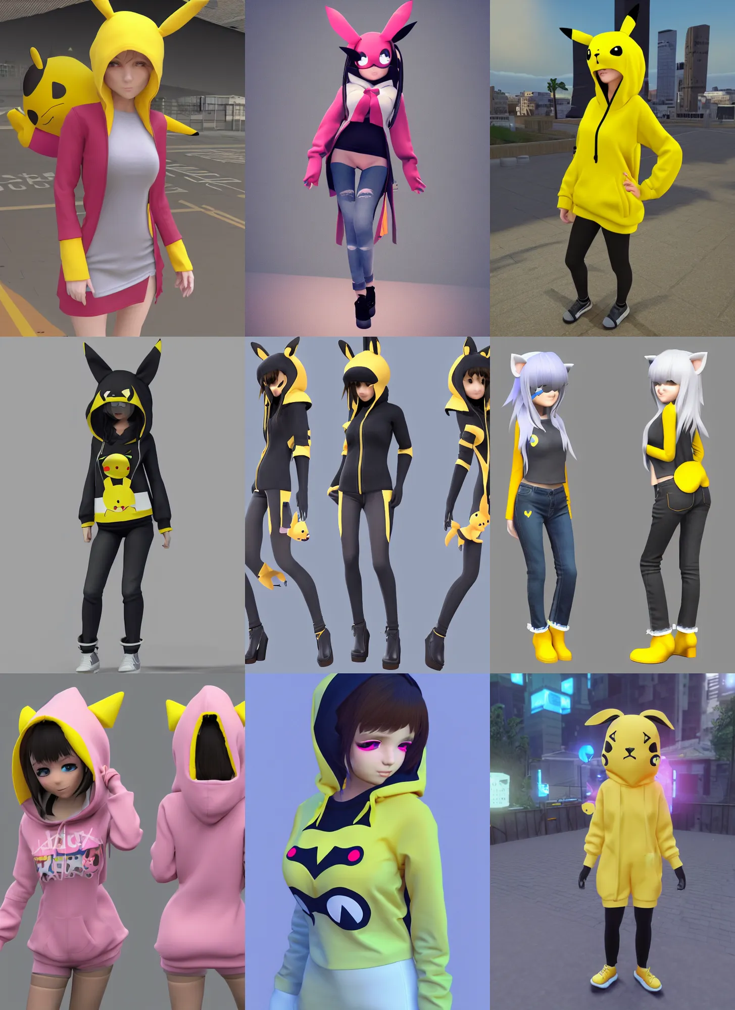 Image similar to vrchat, secondlife, imvu, 3 d model of a girl in a pikachu hoodie, cutely designed clothing, hq render, detailed textures, artstationhd, booth. pm, highly detailed attributes and atmosphere, dim volumetric cinematic lighting, hd, unity unreal engine