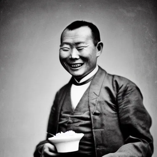 Image similar to a photo of a happy man from qing empire holding and eating a hamburger, award winning photo, high quality, 1 9 century photo, highly detailed, black and white