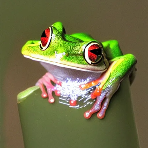 Image similar to “ a white ’ s tree frog with lasers shooting out of its eyes ”