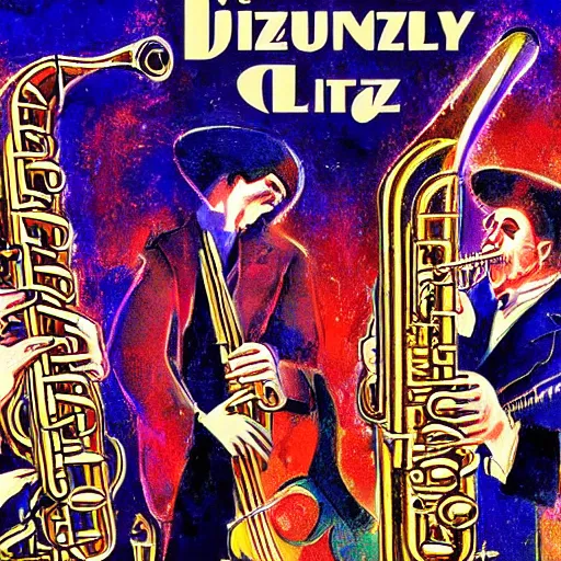 Prompt: jazz poster, jazz musicians playing in a dimely lit club, vintage, style of art nouveau, colorful, highly detailed, digital art