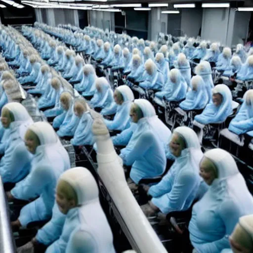 Image similar to army of identical athletic female clones in formation, white hair, tight light blue neopren suits, in rows, futuristic chemistry lab, sci - fi, highly detailed, cinematic