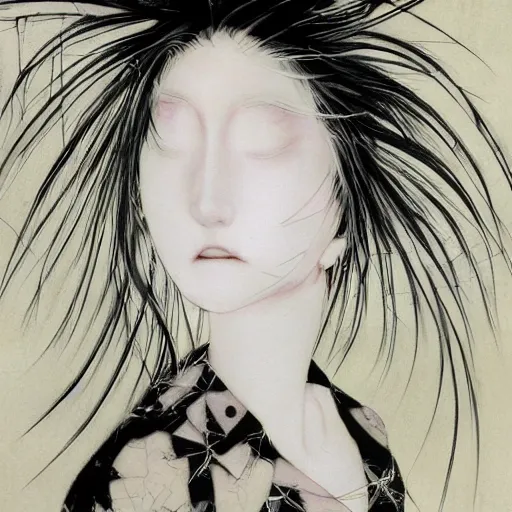 Image similar to Yoshitaka Amano realistic illustration of an anime girl with white hair and cracks on her face wearing dress suit with tie fluttering in the wind, abstract black and white patterns on the background, noisy film grain effect, highly detailed, Renaissance oil painting, weird portrait angle