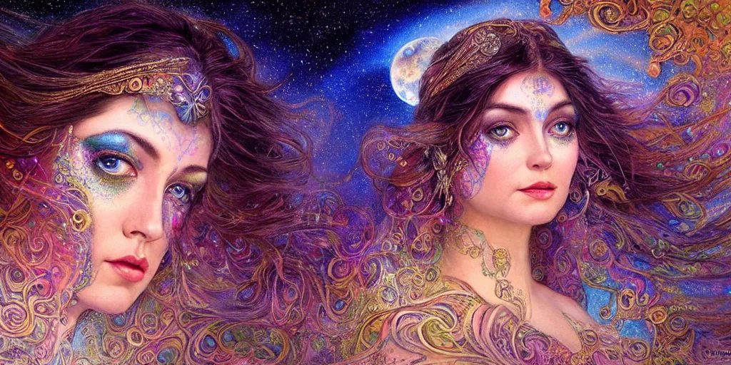 Image similar to full view portrait of an ethereal gypsy woman with detailed eyes, glowing face, floating in space with a half moon, photorealistic, colorful dress, in the style of karol bak and gaston bussiere, holographic undertones, art nouveau galaxy background, intricate, flowing dress, smooth, sharp focus, dramatic lighting, illustration, hdr, artgerm