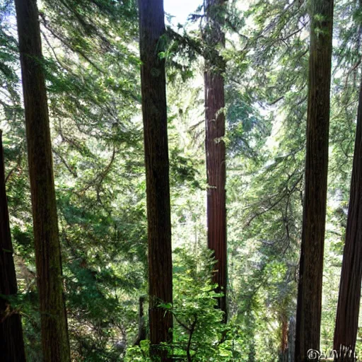 Image similar to view from the top of tree of redwood forest looking at the rest of the forest, swaying trees, windy, waves, rippling trees