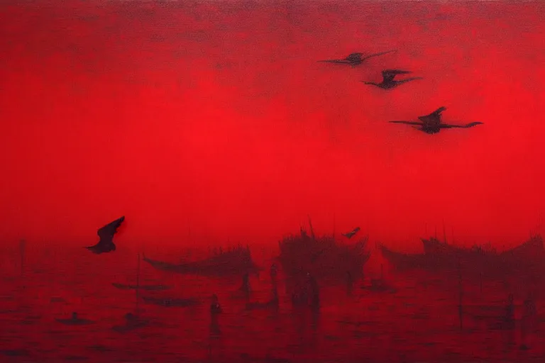 Image similar to only with red, a red dystopic knight, venice, flock of birds in the red sky, in the style of beksinski, parts by edward hopper, parts by rodcenko, parts by yue minjun, intricate and epic composition, red by caravaggio, insanely quality, highly detailed, masterpiece, red light, artstation, 4 k