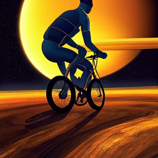 Prompt: a food delivery cyclist cycling around the rings of saturn, sci fi, artstation, greg rutkowski, vladimir kush, laurie greasley