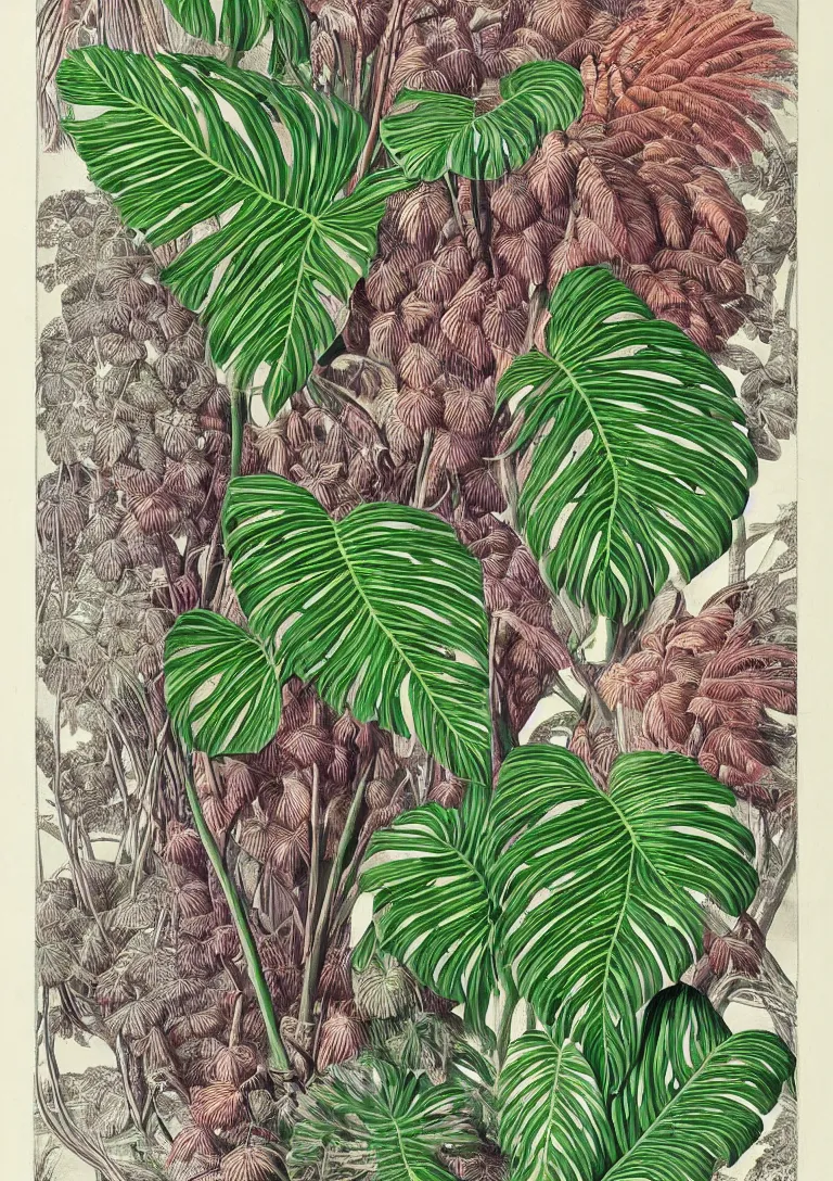 Prompt: elaborate colourful natural monstera deliciosa and zebrina alocasia illustrations by ernst haeckel of the biological world