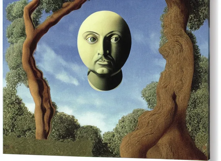 Image similar to non - euclidean pagan ancient god statue on a spherical tree by salvadore dali and rene magritte