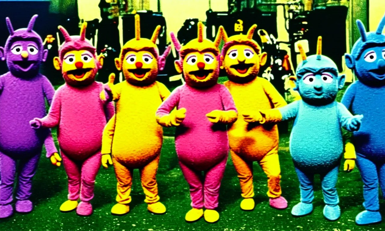 Image similar to Beatles as teletubbies on set of Sesame street, color photograph 1974