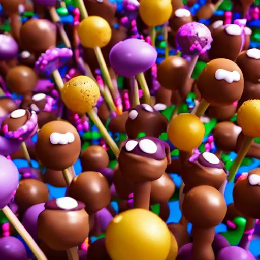 Prompt: A forest of lolipops, chocolate river running, a chocolate fondant in the background, digital art, trending on artstation and unreal engine