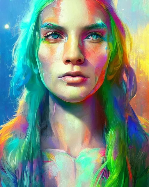 Image similar to colorful portrait of a female hippie from the future, set in the future 2 1 5 0 | highly detailed face | very intricate | symmetrical | professional model | cinematic lighting | award - winning | painted by mandy jurgens | pan futurism, dystopian, bold colors, cyberpunk, groovy vibe, anime aesthestic | featured on artstation