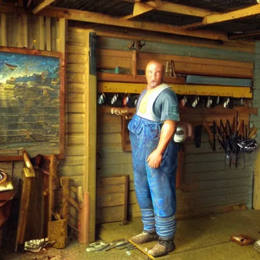 Image similar to neptune standing in his garage, very detailed photo