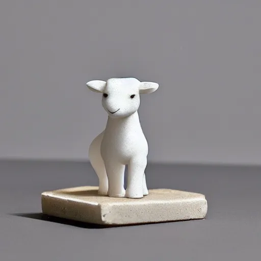 Prompt: a cute and small transparent white blown crystal abstract statue toy in the shape of a little lamb with black transparent blown glass legs