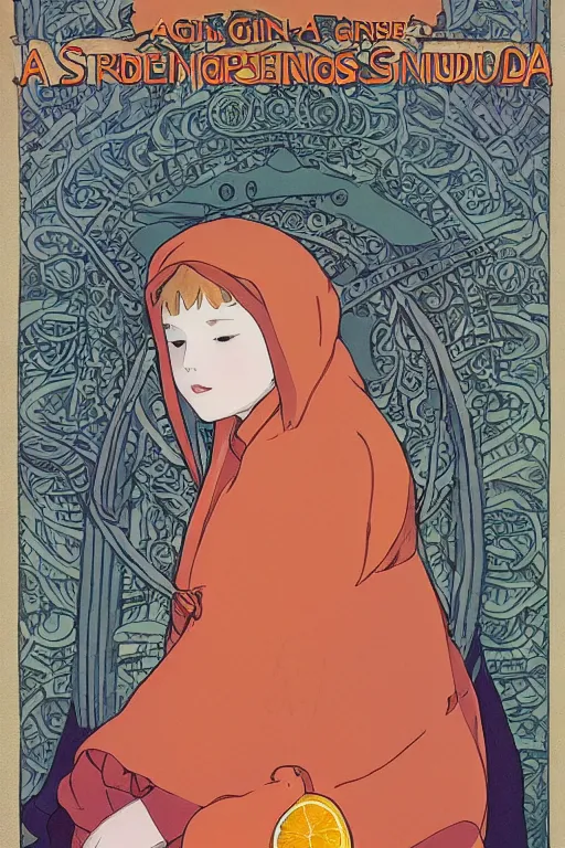 Prompt: a Girl in a large hood sitting on the ground and there have orange slices and album and Microphone around her,Visual Communication Design by studio ghibli and mucha ,Refreshing colour