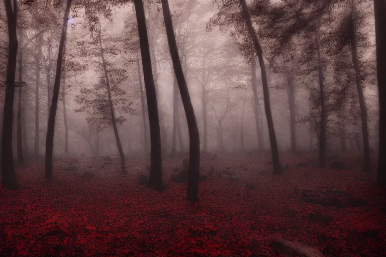 Image similar to deep dark moody forest, red fog on the ground, bleak. big stones, dark mood. mysterious. doom. realistic painting. photobashing, matte painting, highly detailed, autumn, cinematic, hyperralistic, artstation, art brut, dramatic lighting, god rays, clean crisp graphics, smooth sharp focus, extremely detailed, ukiyo - e,