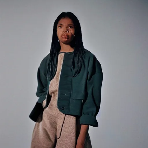 Image similar to realistic photoshooting for a new ssense lookbook color film photography portrait of a beautiful woman model wearing a workwear jacket, photo in style of tyler mitchell