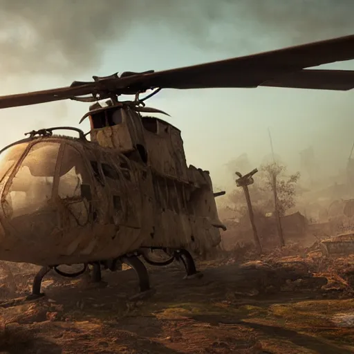 Image similar to apocalyptic, ruined town. rusted helicopter. volumetric lighting, sharp focus, ultra detailed, cgsociety - w 1 0 2 4 - n 8 - i