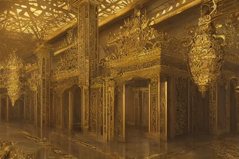 Image similar to Fantasy Asian inspired royal throne room with infinitely high ceilings, infinitely long corridors, gilded and bejeweled, natural lighting, digital painting, concept art by Shaddy Safadi