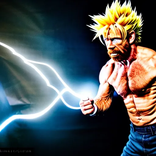 Prompt: uhd candid photo of cosmic chuck norris as a super sayian powering up, glowing, global illumination, studio lighting, radiant light, detailed, correct face, elaborate intricate costume. photo by annie leibowitz