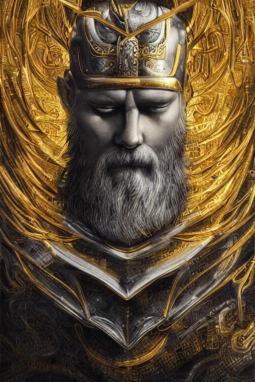 Image similar to mythological odin all father god of thunder and artificial intelligence creating himself with an artificial neural network with gold synapses, high resolution, award winning art, trending on art station, sharp image, incredibly detailed, detailed character realistic painting