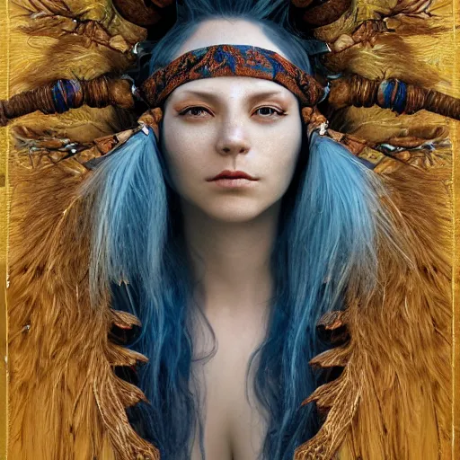 Prompt: A young female shaman, blue hair and antlers on her head. blindfolded, heilung, in the style of Heather Theurer, headshot photoshoot, insanely detailed and intricate, beautiful, elegant, cinematic toplight, portrait, headroom, artstation, made by karol bak, karol bak, karol bak
