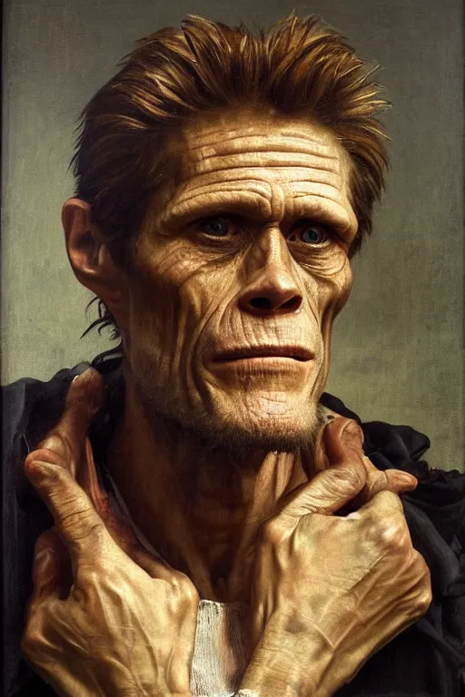 Image similar to an extremely high quality hd, portrait painting of 4 0 year old willem dafoe, renaissance oil painting, studious chiaroscuro, by h. r. ( hans ruedi ) giger, featured on cgsociety, afrofuturism, dystopian art, 8 k, ultra realistic, very realistic