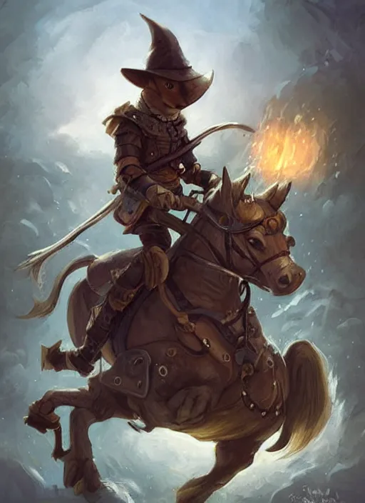 Image similar to cute little cat with wide - brimmed hat riding horse, tiny, small, miniature animal, baby animal, short, pale black armor, cute and adorable, pretty, beautiful, dnd character art portrait, matte fantasy painting, deviantart artstation, by jason felix by steve argyle by tyler jacobson by peter mohrbacher, cinematic lighting