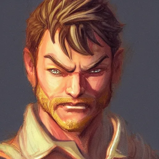 Image similar to Character portrait, face close up: Human Male Peace Domain Cleric. Peace will conquer all. Looks like Josh Brolyn. In the style of Ralph Horsley