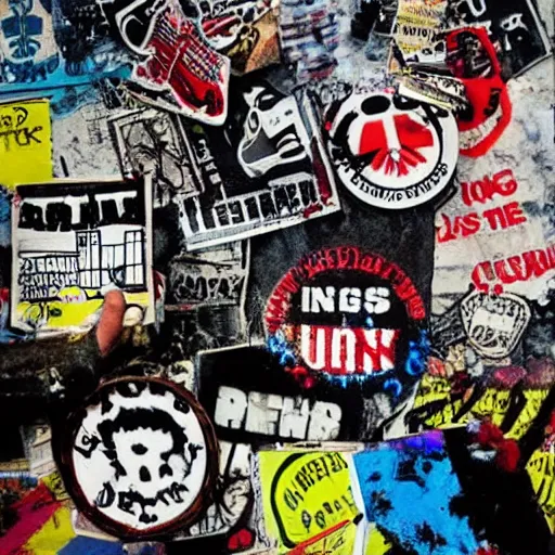 Image similar to painting on a badge, punks not dead!, exploited!!, clash, junk yard, rats!!, god save the queen, punk rock album cover art style, grunge, no future