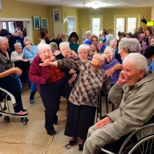 Prompt: mosh pit of elderly people at a nursing home
