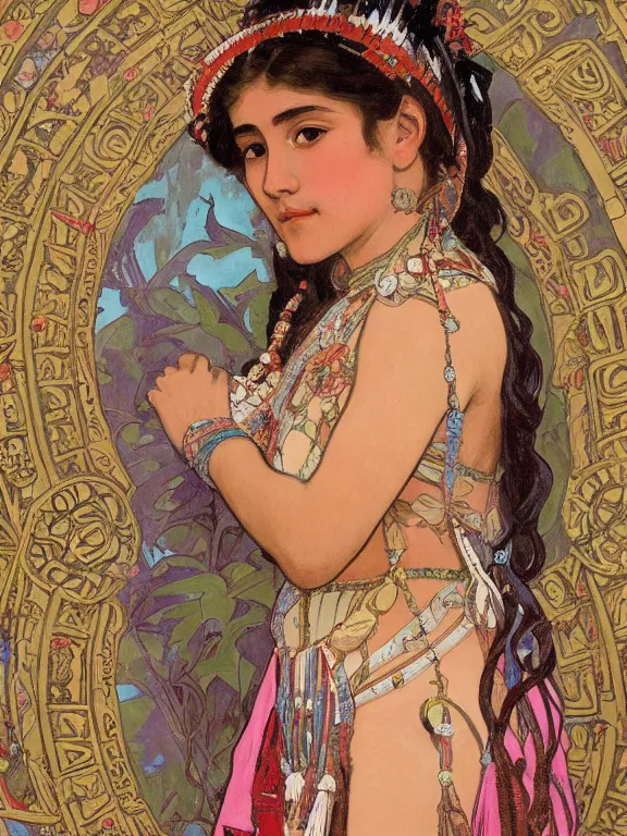 Image similar to an art nouveau painting of a pretty young native mayan woman dressed in a traditional, modest coat of beads and feathers and an elaborate headdress, in front of an aztec calendar, intricate, detailed, smooth, complex, elaborate, by alphonse mucha and james gurney and john william waterhouse